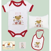 Bk Kids Kişiye Özel İsimli 5 Parça Kırmızı Bebek Body Zıbın Yastık Hediye Seti, Yeni Doğan Bebek Giyim Hediyesi-2