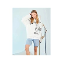Freedom Storee Kadın Oversize Kapüşonlu Baskılı 3 İplik Pamuklu Hoodie Sweatshirt - Beyaz Çok Renkli