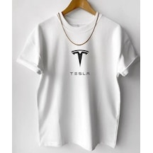 Hırsch Unisex Beyaz Bisiklet Yaka Tesla Baskılı T-shirt BEYAZ