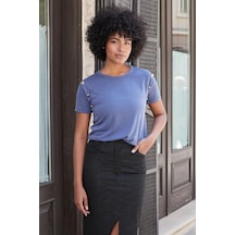 Jument Kadın Kaliteli Modal Kumaş Sıfır Yaka Düğme Aksesuarlı Kısa Kol T-shirt Bluz-indigo İndigo