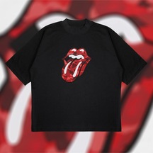 Tarzsokak A Bathing Ape X Rolling Stones Red Boxy Fit Oversize Unisex Tshirt Baskılı Tişör Siyah