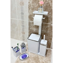 6 Parça Banyo Seti Çöp Kovası, Wc Fırça, Tuvalet Kağıtlık, Diş Fırçalık, Sıvı Sabunluk, Sabunluk Beyaz - Krom