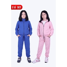 Panios Kids Kız Çocuk 2'li Dik Yaka Fermuarlı Beli Bağcıklı Lastik Paça Eşofman Takımı Mavi-pembe