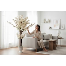 Yapay Salon Çiçegi Yapay Ağaç Beyaz Bahar Dalı 140 Cm Nergiz Saksı Yeşil