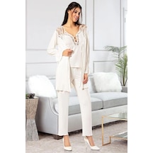 Faal 8903 Kadın Sabahlıklı Pijama Takımı-ekru Ekru