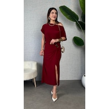 Efnaz Style Kadın Kısa Kollu Tek Omuzdan Açık Beli Lastikli Sandy Maxi Elbise Bordo