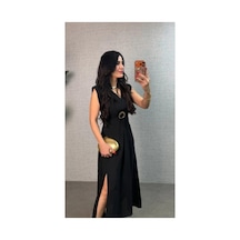 Butik İstanbul Kadın Kısa Kollu Vatkalı Önden Tokalı Yandan Yırtmaçlı Uzun Ithal Krep Elbise Siyah