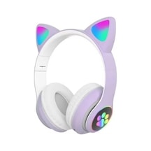 H10 Cat Kedili Led Işıklı Kafaüstü Bluetooth Kulaklık Lila Mor
