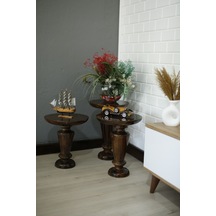 Wood Wooden 3 Lü Set Fitilli Mantar Yan Sehpa Modern Ceviz Renk Fiskos Ceviz