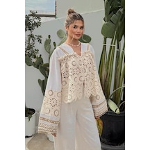 Fashion Cocktail Romantik Kore Tarzı İnci Brode İşçilikli Dantel Zarif Yelek Pantolon Ham Keten Bohem Takım Bej