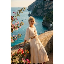 Fashion Cocktail Romantik Fisto İşlemeli V Yaka Önden Bağlamalı Crop Bluz Ve Kat Kat Fırfırlı Etek Seti Tiril Tiril Şile Bezi Görünümlü Müslin Etnik Bohem İkili Takım ekru