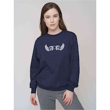 Aoa Wings Logo Baskılı Indigo Mavi Kadın Sweatshirt