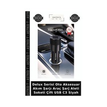 Delux Serisi Oto Aksesuar Akım Şarjı Araç Şarj Aleti Soketi Çift Usb C3 Siyah