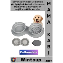 Mamakabı Silikon Portatif Seyahat Tipi Kedi Köpek Gri Yavaş Yeme Katlanabilir İkili Mama Su Kabı