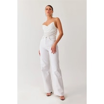 Woddi Trend Yüksek Bel Wide Leg Beyaz Palazzo Pantolon Bol Paça Jeans 1 Beden Büyük Alınız