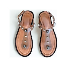 Ne&ve Shoes Taba Hakiki Deri Kadın Parmak Arası Taşlı Sandalet