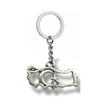Türkiye Haritası Ve Ay Yıldız Figürlü Metal Anahtarlık Gümüş Renk Unisex Aksesuar