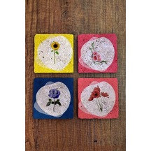 Doğal Taş Bardak Altlığı 4'lü Set - Çiçek Desenli Taş Bardak Altı - Stone Coasters Çok Renkli