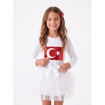 Onloox Kız Çocuk Beyaz Kız Çocuk Beyaz Pamuklu Penye Bisiklet Yaka Uzun Kollu Pullu Ay Yıldız Nakışlı Tişört 4-14 Yaş
