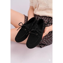 Nesilshoes Nesil Shoes Gabbel 300 Siyah Süet Bağcıklı Kadın Babet