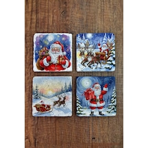 Doğal Taş Bardak Altlığı - Noel Bana- Yeni Yıl Baskılı 10x10cm Stone Coasters 489 Çok Renkli