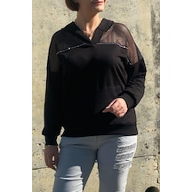 Mia Butik Kadın Siyah File Detaylı Bluz -1360 Siyah