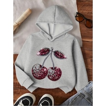 Kışlık Kapüşonlu Sweatshirt, Çocuk Pırlanta Kiraz Baskılı Gri
