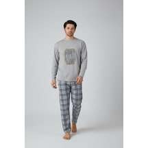 Lukitus Uzun Kol Sıfır Yaka Pamuklu Erkek Pijama Takımı Vlknekose Gri