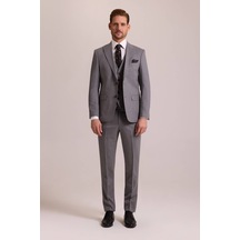 Erkek Açık Gri Slim Fit Sivri Yaka Yelekli Yün Takım Elbise
