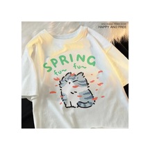 Tarzsokak Beyaz Karikatür Sevimli Kedi Ve Köpek Desen Eğlenceli Tshirt Bol Tees Sokak Serin Kısa