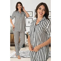 Effortt Lohusa Çizgili Pijama Takımı Siyah - 8065 Siyah