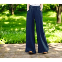 Günlük Beli Bağcıklı Şık Keten Pantolon Lacivert