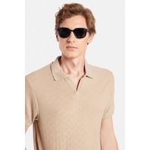 Tudors Erkek Slim Fit Dar Kesim Viskon Kumaş Desenli Düz Pike Düğmesiz Vizon Polo Yaka Tişört-34766 Vizon