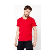 Erkek Indigo %100 Pamuk Basıc Regular Fit Pamuklu Kısa Kollu V Yaka T-shirt Kırmızı