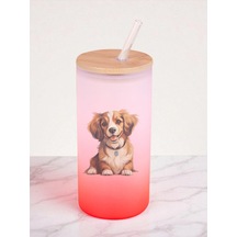 Sevimli Köpek Baskılı 600 Ml Cam Matara- Su Matarası, Suluk Matara, Cam Pipetli Matara Kırmızı