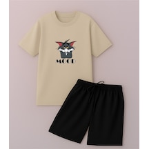 Uyguntarz Unisex Baskılı Tasarım Şort Takım Spor Eşofman Takımı Bej