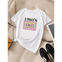Kadın Siyah Oversize %100 Pamuk 1980's Musıc Baskılı Beyaz T-shirt Beyaz