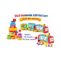 3'lü Bebek Gelişim Seti 1 Ekonomik Set Eğitici Oyuncak Neşeli Kule + Aktivite Treni + Tamir Seti