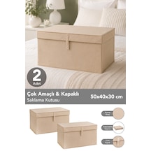 2'li Set Maxi Boy Hurç - Çok Amaçlı Organizer Kapaklı Saklama Kutusu 50x40x30cm Bej