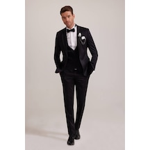 Ysf Erkek Siyah Yelekli Kırlangıç Yaka Slim Fit Damatlık