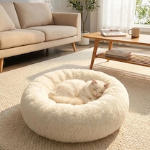 Yuvarlak Ultra Yumuşak Welsoft Peluş Kedi Ve Köpek Yatağı Kaymaz Taban Tüylü Pet Pufu,uyku Minderi Krem Bx40