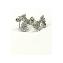 Omar Silver Kadın Kedi Model Zirkon Taşlı Beyaz Gümüş Küpe Omr796