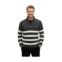 Deepsea Erkek Füme Yarım Fermuarlı Oversize Kesim Triko Kazak Pamuklu Yumuşak Örgü Çizgili Kazak 2608513 Füme