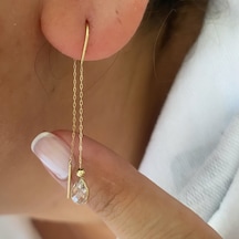 Beyaz Damla Taşlı 14k Altın Zincir Küpe