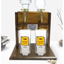 Kişiye Özel Renkli Baskılı En Kötü Günümüz Böyle Olsun Tasarımlı İkili Rakı Bardağı Ve Çift Musluklu Doğal Ahşap Rakı Standı-3
