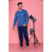Mutlu City Erkek Penye Pamuk Regular Kalıp Cepli Sıfır Yaka Pijama Takımı 300933- İndigo Mavi-indigo İndigo