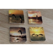 Yunus Balıkları Doğal Taş Bardak Altlığı 4'lü Set - Natural Stone Coasters - Taş Çok Renkli