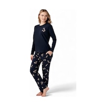 Arnetta %100 Pamuk Geyik Desen Bayan Pijama Takım Lacivert
