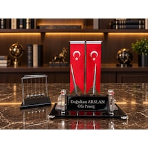Velora 3 Parça Kristal Ofis Seti Kişiye Özel İsimlik Türk Bayraklı Siyah Newton Topu