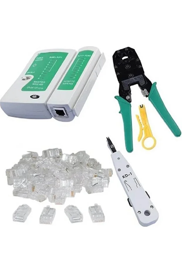 Network Seti Rj45 Rj11 Rj9 Sıkma Pensesi Cat5 Cat6 Çakma + Test Cihazı + Krone Bıçağı Kep Kep +100 Adet Rj45 Konnektör
